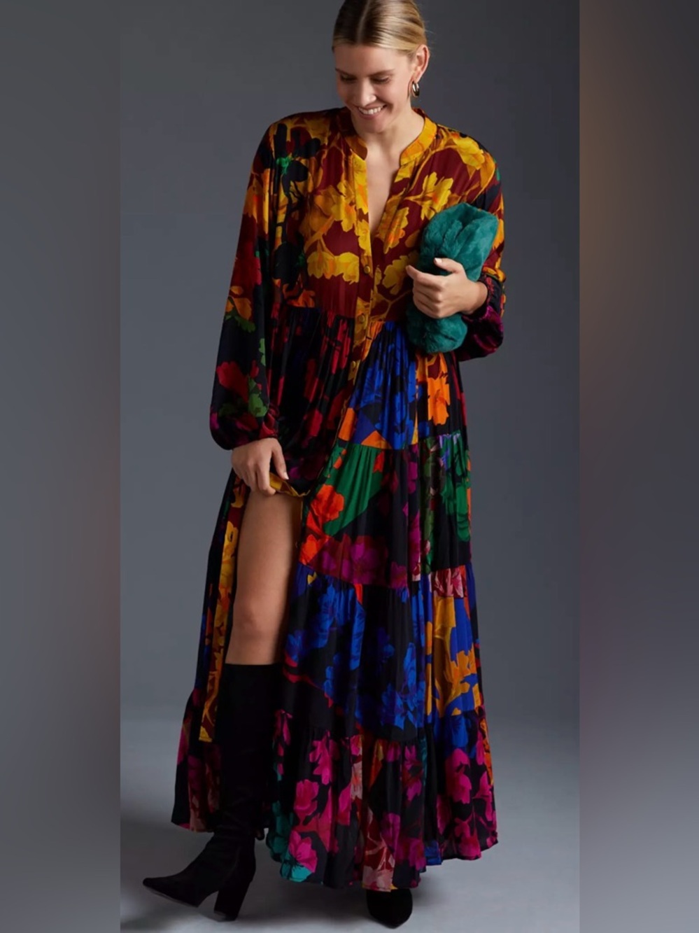 Maxi Floral Tiered V-Neck Dress in Multi
